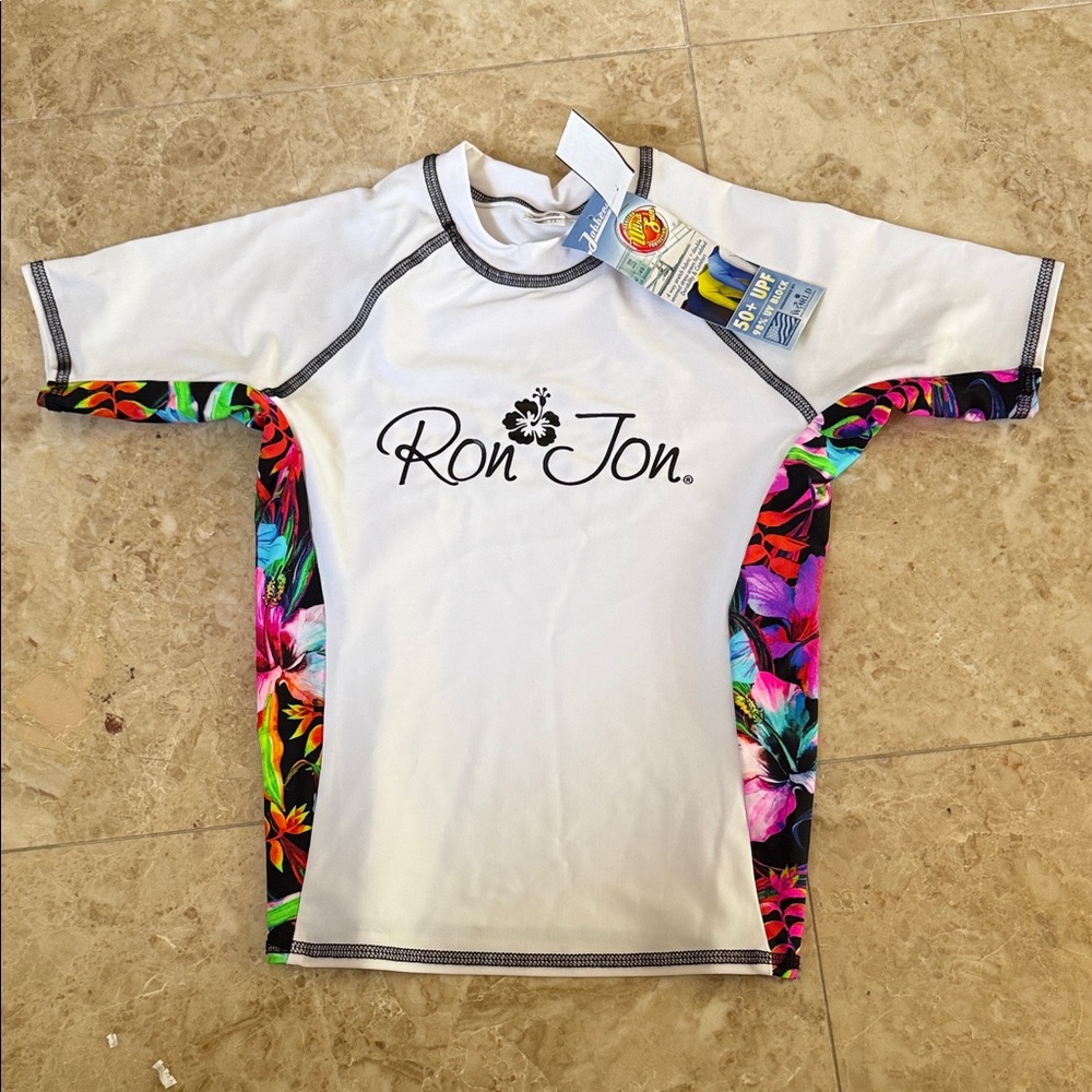Ron Jon White Kids Rash Guard with Vibrant Floral Side Panels